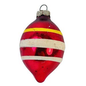 Hand Blown Glass Tear Drop Ornament Red White Yellow Stripe Shiny Bright Vintage